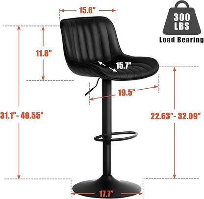 YOUNIKE Black Bar Stools Set of 2 Kitchen Counter Height Barstools Upholstered Swivel Modern Faux Leather Bar Chairs with Backs Adjustable High Breakfast Island Stool with Metal Leg