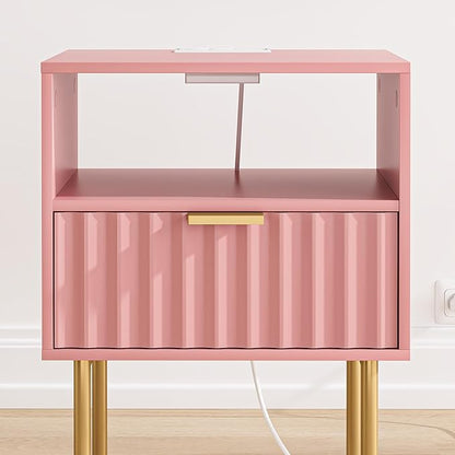 Masupu Nightstand with Charging Station,Mid-Century Modern Bedside Table with Storage Drawer and Open Wood Shelf,Small Gold Frame Side Table for Bedroom,Living Room (Pink Fluted)