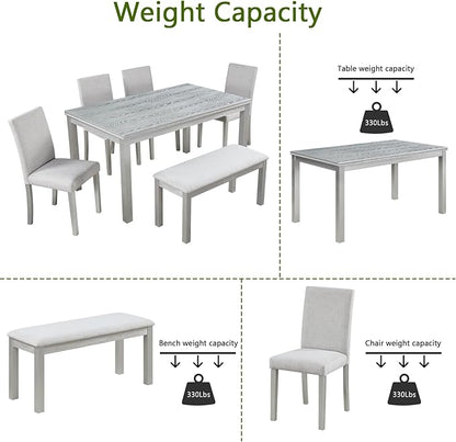 Ball & Cast 6 Piece Dining Table Set,Kitchen Table Set for 6 W/ 58.5" Rectangular Wooden Dining Table,Living Room Furniture W/ 4 Upholstered Chairs & 1 Bench,for Dining Room,Kitchen,Silver Grey