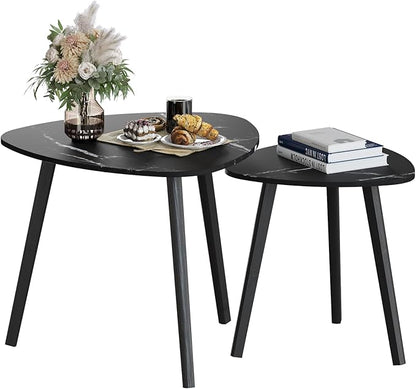BAMEOS Bamboo Nesting Triangle End Table,Set of 2 Coffee Table Modern Minimalist Side Table for Living Room (Marble Black)