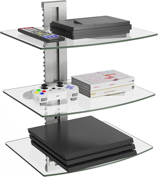 WALI Floating Entertainment Center Shelves, Holds Up to 17.6lbs, TV Shelf with Strengthened Tempered Glasses for DVD Players, Cable Boxes, Games Consoles, TV Accessories (CS303S), 3 Shelf, Silver