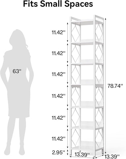 LITTLE TREE Book Shelf, 7-Tier Tall Bookcase, 78.7" Wooden Display Shelves with Sturdy Metal Frame for Living Room, Modern Narrow Standing Bookshelves for Bedroom, White Office Shelf for Small Spaces