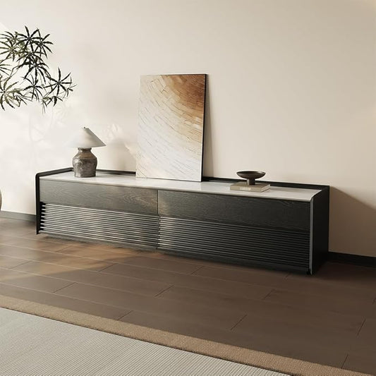 POVISON Fully-Assembled Mid Century TV Stand with Adjustable LED Light, Glossy Sintered Stone Media Console, Entertainment Center with Storage for Living Room
