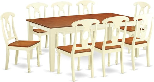 East West Furniture QUKE9-WHI-W 9 Piece Dining Room Furniture Set Includes a Rectangle Kitchen Table with Butterfly Leaf and 8 Dining Chairs, 40x78 Inch, Buttermilk & Cherry