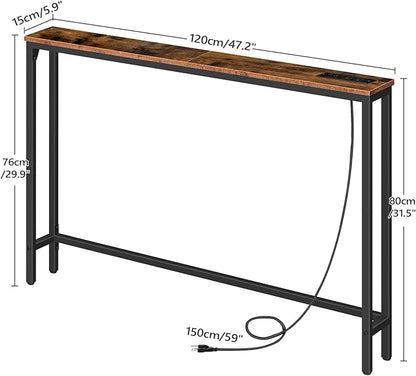 HOOBRO 47.2" Narrow Console Table with Power Outlets, 5.9" Behind Couch Table with Charging Station, Long Sofa Table, Skinny Entryway Table for Living Room, Hallway, Foyer, Rustic Brown BF15XG01G1
