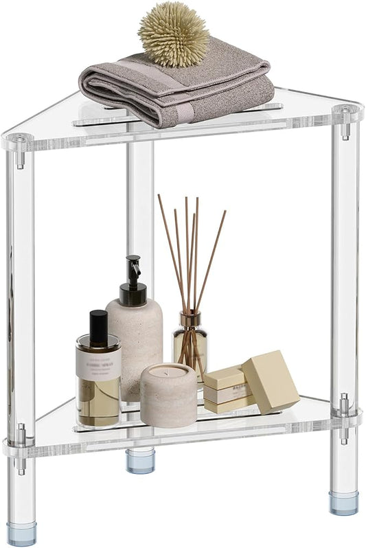 Acrylic Corner Shower Stool for Shaving Legs 11.42" D X 11.42" W X 17.91" H, Triangle Foot Rest With Storage Shelf, Heavy Duty, for Inside Shower