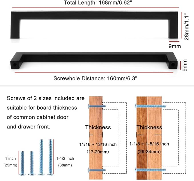 KOOFIZO 30-Pack Solid Square Bar Cabinet Handle - Chrome Furniture Pull, 6.3 Inch/160mm Screwhole Distance for Kitchen Cupboard Door, Bedroom Dresser Drawer, Bathroom Wardrobe Hardware