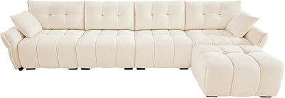 Modern Chenille Fabric 4-Seat Sofa w/Ottoman+2 Pillows, Premium Upholstery Living Room Couch with Tufted Backrest & Comfortable Armrests and High-Resilience Memory Foam Cushions,White