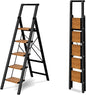 5 Step Ladder, Lightweight Folding Step Stool with Anti-Slip Aluminum Wide Pedal& Convenient Handgrip, 330lbs Capacity Steel Ladder for Household and Office (Black&Woodgrain)
