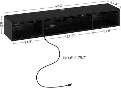 Rolanstar TV Stand with Power Outlet, Floating TV Stand with RGB Lights, 47.2" Wall Mounted TV Shelf, Black Media Console with Storage Shelf, Entertainment Under TV for Living Room, Bedroom