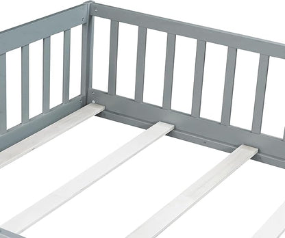 Bellemave Full Floor Bed with Slats and Safety Guardrails, Kids Montessori Floor Beds with Fence and Door, Easy Assemble Floor Bed for Kids, Girls, Boys, Gray