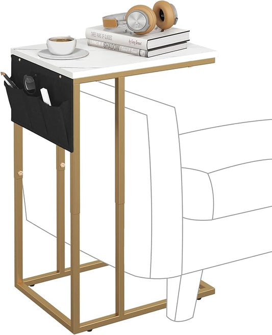 C Shaped End Table for Couch, Small Couch Side Table for Sofa, C Side Table with Storage Bag, TV Tray Table for Living Room, Bedside Table for Bedroom, Snack End Table for Couch, White