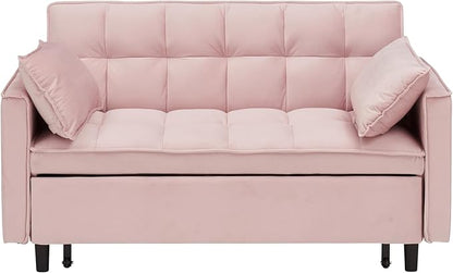 Ball & Cast Convertible Sofa Bed,Loveseat Sleeper Sofa W/Pull-Out Bed&2 Pillows,Convertible Pull Out Couch W/Adjustable Backrest&Side Pocket,Velvet Futon Couches for Living Room,Apartment,Pink,55"