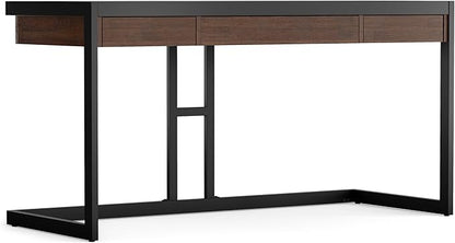 SIMPLIHOME Erina Desk - 60-Inch Wide Solid Acacia Wood and Metal Writing Desk in Distressed Charcoal Brown, Modern Industrial Home Office Computer Table for Study with 2 Drawers and Keyboard Tray