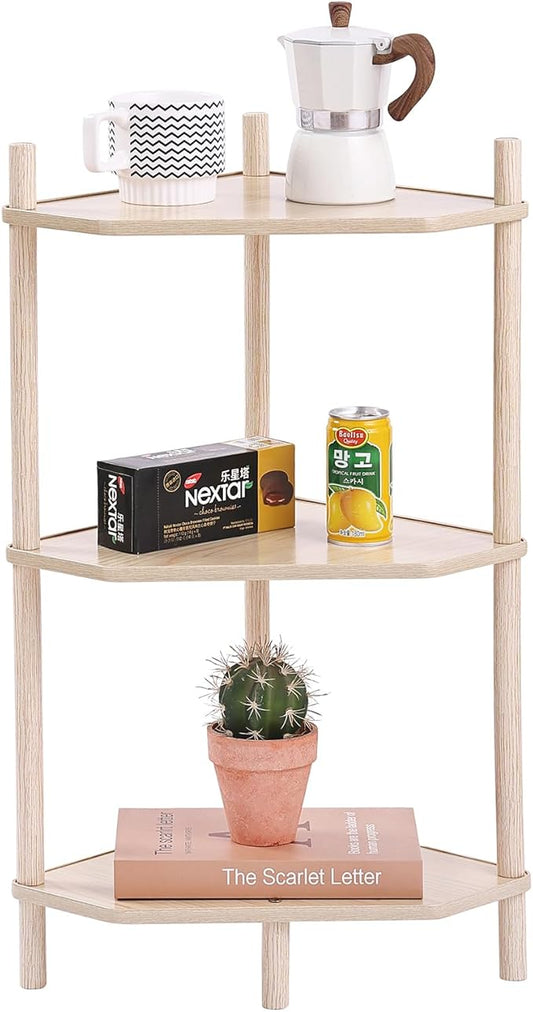 LITA Modern Wood Side Table, Triangular Accent End Table Plant Night Stand with Magazine Storage for Bedroom, Living Room, Bathroom, Natural, 3- Tier