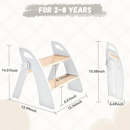 Wooden 2 Step Stool for Kids Bathroom Sink Foldable Anti-Slip 2-Step for Toilet Potty Training, Child Stepping Stool for Kitchen Nursery Bedroom, Sturdy Non Slip Adult Stool for Closet