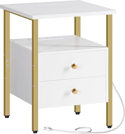 HOOBRO End Table with Charging Station, Bedside Table with 2 Drawer & USB Port & Type-C Port, Nightstand for Small Spaces, Stable and Sturdy, for Living Room, White and Gold DW43UBZ01