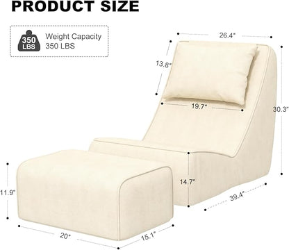Giant Bean Bag Chair for Adults - Indoor Chaise Lounge with Neck Pillow & Ottoman, All-in-One Sponge Design, Comfy Floor Chair for Reading, Gaming, Napping, and Movies (Khaki)
