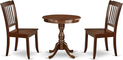East West Furniture ESDA3-MAH-W 3 Piece Modern Dining Table Set Contains a Round Wooden Table with Pedestal and 2 Dining Room Chairs, 30x30 Inch, Mahogany