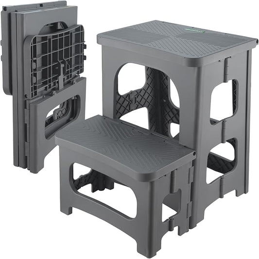 Folding 2-Step Stool for Adults Kids Non-Slip Collapsible Portable Step Stool for Kitchen Home Toilet Bedroom Office Bathroom Rv,Holds 300 Lbs(Grey)