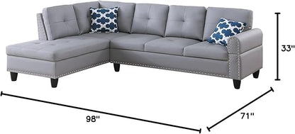 Ball & Cast 98" L Shaped Sectional Couch for Living Room,4 Seat Faux Leather Upholstered Modular Sectional Sofa Set 2 PCS with Chaise,Nailhead Trim,Cup Holders,Coffee Table and 2 Pillows for Home,Gray