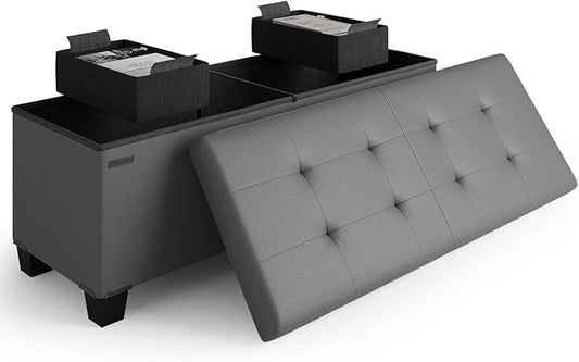 STORAGEBUD Storage Ottoman Bench with Bins, 43-in Storage Bench for Bedroom End of Bed, Folding Foot Rest Ottoman for Living Room Max 660lbs, Faux Leather Ottomans, Grey
