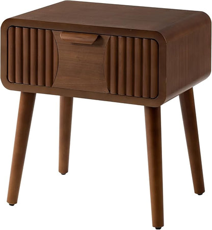 COSIEST Mid Century Modern Nightstand, MCM Vintage Bedside Table with Storage Drawer, Wood End Table for Bedroom, Living Room (Brown, Striped Pattern)