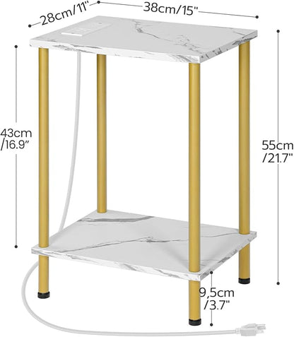 HOOBRO Side Table with Charging Station, Set of 2 End Tables with USB Ports and Outlet, Nightstand with 2-Layer Storage Shelves for Small Spaces, Living Room, Bedroom, Gold and Marble DM09UBZP201