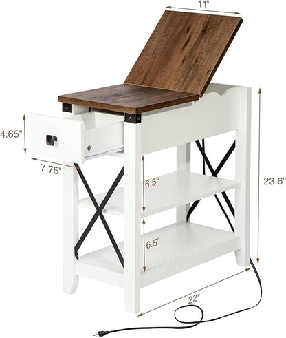 Narrow End Table with Charging Station - Farmhouse Slim Side Table Set of 2, w/USB Ports Power Outlets, Nightstand w/Flip Top Storage Drawer, for Small Spaces Living Room Bedroom, Brown White