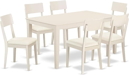 East West Furniture CAAD7-LWH-LC 7 Piece Dining Table Set Consist of a Rectangle Wooden Table and 6 Faux Leather Dining Room Chairs, 36x60 Inch, Linen White