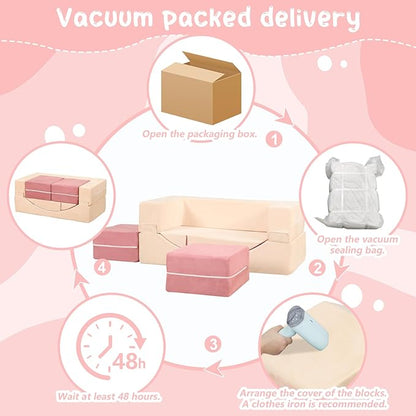 Modular Kids Play Couch, Kids Sofa Toddler Couch, Foam Play Set with Recliner, Toddler Sofa for Creative Boys & Girls, Convertible Foam Climbing Blocks
