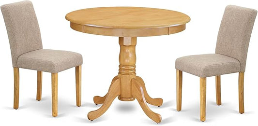 East West Furniture ANAB3-OAK-04 3 Piece Dinette Set for Small Spaces Contains a Round Dining Table with Pedestal and 2 Light Tan Linen Fabric Upholstered Chairs, 36x36 Inch, Oak