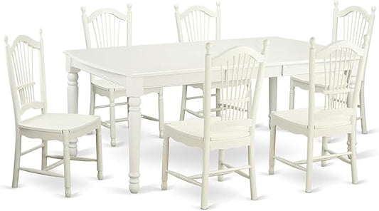 East West Furniture DOVE7-LWH-W 7 Piece Dining Table Set Consist of a Rectangle Dining Room Table with Butterfly Leaf and 6 Wooden Seat Chairs, 42x78 Inch, Linen White