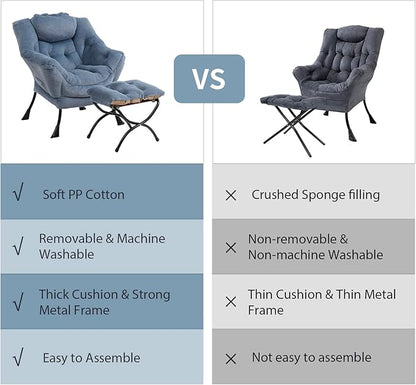 Lazy Chair with Ottoman, Modern Chair with Folding Footrest, Lounge Accent Chair, Comfortable Reading Chair (Plush Light Blue)