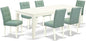 East West Furniture LGAS7-LWH-43 7 Piece Dining Set Contain A Mid Century Table and 6 Willow Green Polyester Fabric Mid Century Modern Dining Chairs, Linen White