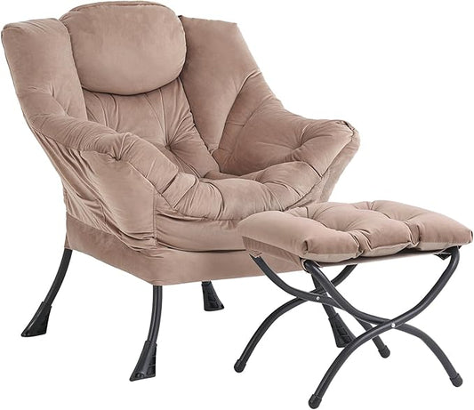 Lazy Chair with Ottoman, Modern Accent Chair Contemporary Lounge Leisure Sofa Chair with Armrests, Reading Chair and Folding Footstool Set for Living Room, Bedroom, Office, Khaki