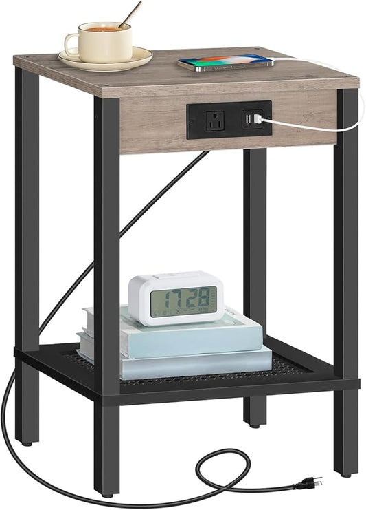 HOOBRO Side Table with Charging Station, End Table with USB Ports and Outlet, Nightstand with Storage Shelf, Faux Rattan Decoration, for Living Room, Bedroom, Greige and Black BG91UBZ01