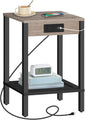 HOOBRO Side Table with Charging Station, End Table with USB Ports and Outlet, Nightstand with Storage Shelf, Faux Rattan Decoration, for Living Room, Bedroom, Greige and Black BG91UBZ01