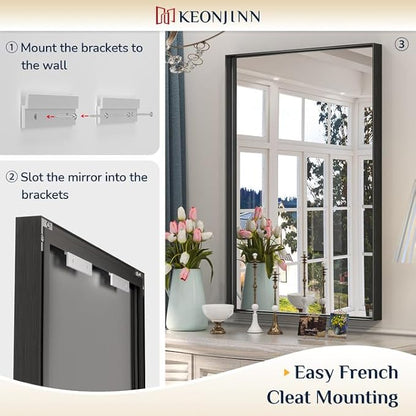 Keonjinn Black Bathroom Mirror 16 x 20 Inch Metal Framed Matte Black Mirror, Rectangular Wall Mount Mirror Square Corner Modern Farmhouse Bathroom Vanity Mirror for Over Sink(Horizontal/Vertical)