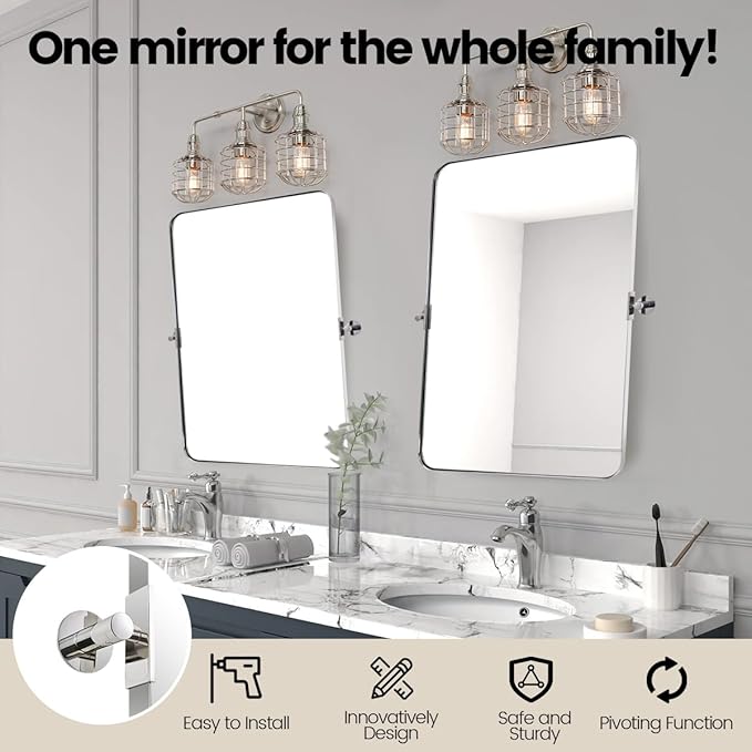 MOON MIRROR Chrome Pivot Rectangle Bathroom Mirror, Modern Tilt Rounded Rectangular Pivoting Vanity Mirrors for Wall, Stainless Steel Metal Polish Frame, Overall 32.33 x 36 in (Mirror 28x 36 in)