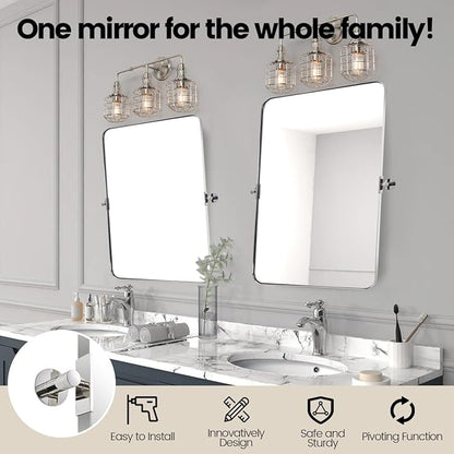 MOON MIRROR Chrome Pivot Rectangle Bathroom Mirror, Modern Tilt Rounded Rectangular Pivoting Vanity Mirrors for Wall, Stainless Steel Metal Polish Frame, Overall 32.33 x 36 in (Mirror 28x 36 in)
