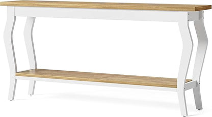LITTLE TREE 70.9 Inches Long Console Table, 2-Tier Vintage Wooden Sofa Table Behind The Couch with Metal Legs for Hallway, Entryway, Living Room, White & Light Oak