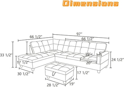 L Shaped Sectional Couch with Otttoman, 97" Sectional Sofa for Living Room Flannel Modular Couches with Cup Holders for Bedroom, Apartments, Grey
