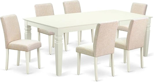 East West Furniture LGAB7-LWH-02 7 Piece Kitchen Table Set Consist of a Rectangle Dining Table with Butterfly Leaf and 6 Light Beige Linen Fabric Parson Chairs, 42x84 Inch, Linen White