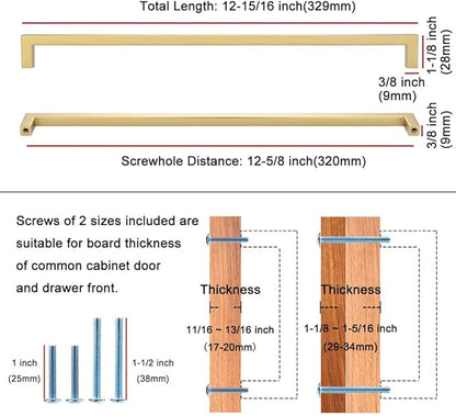 KOOFIZO Solid Square Bar Cabinet Handle - Brushed Gold Furniture Pull, 12.6 Inch/320mm Screwhole Distance, 1-Piece for Kitchen Cupboard Door, Bedroom Dresser Drawer, Bathroom Wardrobe Hardware