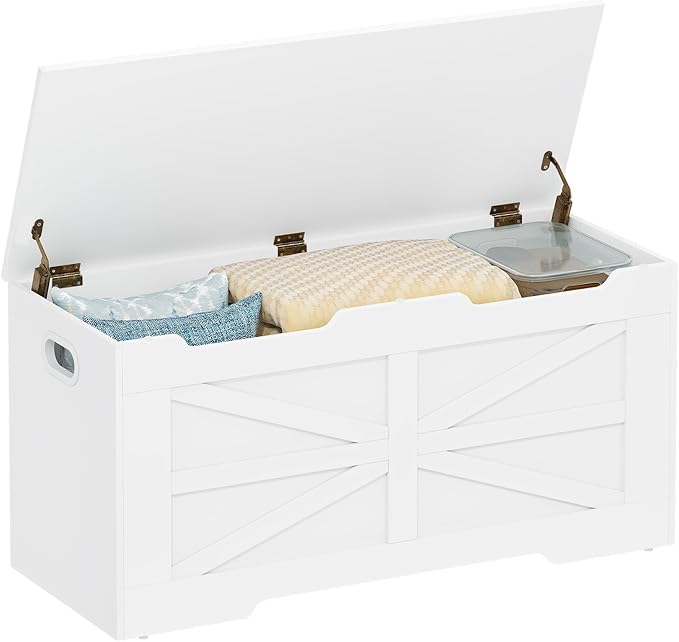 39.4" Storage Chest, Extra Large Storage Trunk with 2 Safety Hinges, Wooden Box Bench, Lift-Top Organizer Chest, Shoe Bench for Entryway, Bedroom, Living Room, White SB03403X