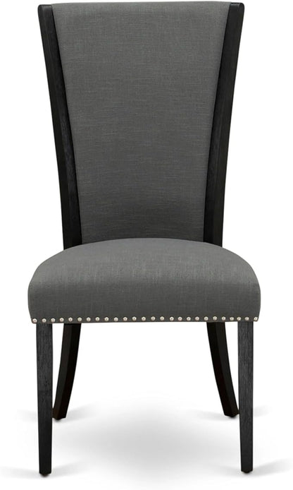 X07VE-BC6-50 - 10-Pc Dining Table Set a Kitchen Table with a coffee Table and wooden Bench & 7 Dark Gotham Grey Linen Fabric Dinner Chair, 39x120 Inch, Wire Brushed Black