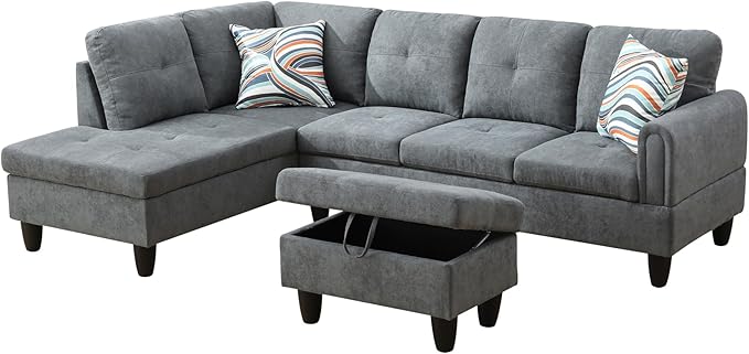 L Shaped Couch Modern Sectional Couch Upholstered Fluffy Fabric 3 Pieces Sofas for Living Room with Chaise, Storage Ottoman for Office and Small Apartment, Dark Grey