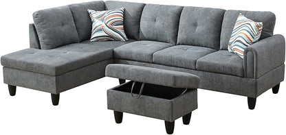 L Shaped Couch Modern Sectional Couch Upholstered Fluffy Fabric 3 Pieces Sofas for Living Room with Chaise, Storage Ottoman for Office and Small Apartment, Dark Grey