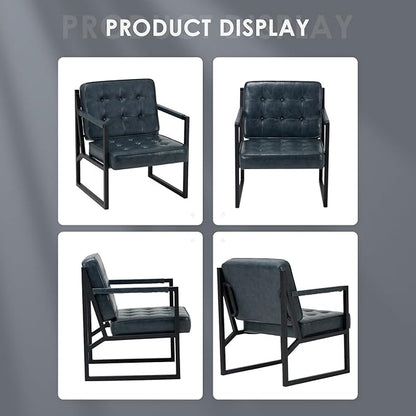 COLAMY Accent Chairs Set of 2, Modern Accent Arm Chairs for Living Room, Comfy Leather Armchairs with Metal Legs for Bedroom Reception Room, Blue